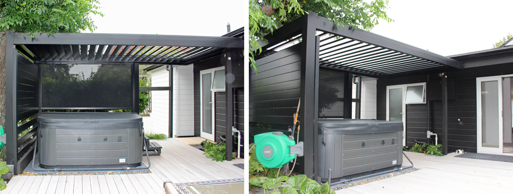 A louvre roof in this outdoor area has made this backyard a popular spot for year round use